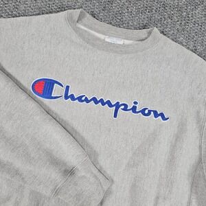 Champion Reverse Weave Sweatshirt Crewneck Jumper Gray Embroidered Logo Large